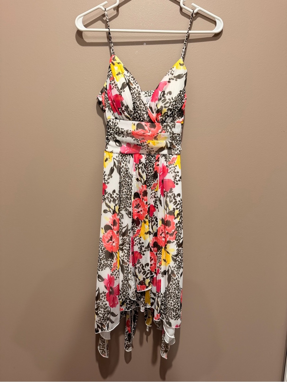 Speechless White Asymmetrical Floral Midi Dress with Pink & Yellow Blooms